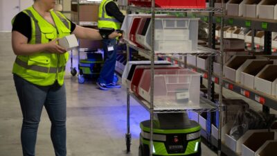 Zebra Technologies had added Fetch mobile robots such as these to its warehouse portfolio in 2021.