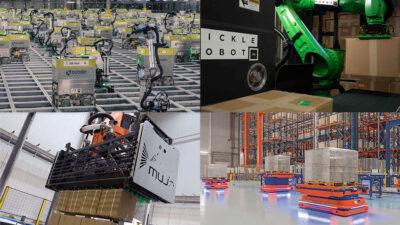 Ocado's ASRS, a Pickle Robot, Mujin's box unloading robot, and Mecalux AMRs carrying boxes.