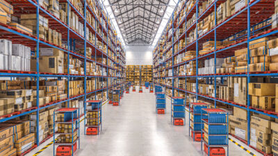 Mobile robots working in a warehouse.