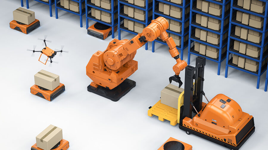 Different kinds of robots working in a warehouse.