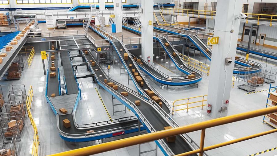 Automated conveyor systems in a warehouse. Festo says its new software can reduce unexpected robot downtime.