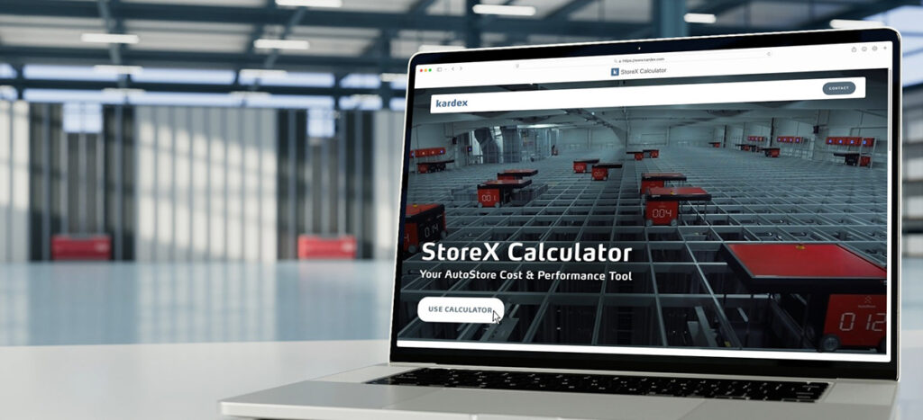 A laptop with StoreX Calculator and an automated storage and retrieval system. The tool allows for modeling of multiple scenarios, says Kardex.