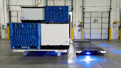 SlipLift + SlipCarrier Tray, shown here, can autonomously load and unload any truck in five minutes, says Slip Robotics.