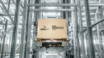 Movu Robotics and MHS Lift logos on a box in Movu's atlas system.
