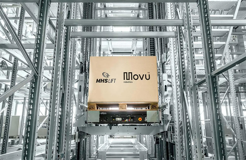 Movu Robotics and MHS Lift logos on a box in Movu's atlas system. 